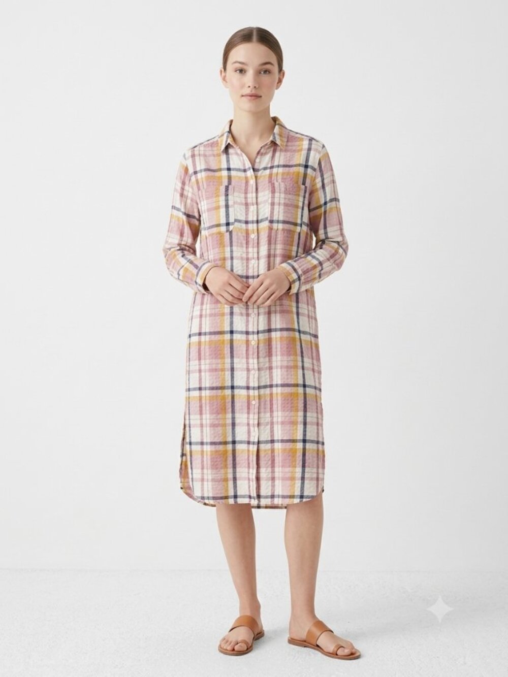 Dip Shirt Dress Plaid Puckered Midi Preppy Casual Lavender Blue Shift M